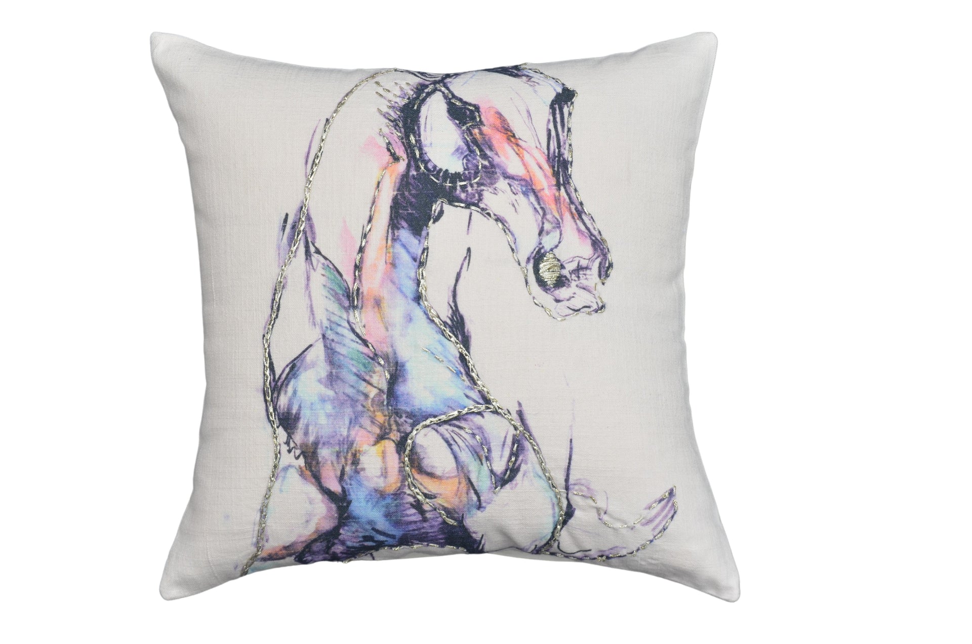 White Decorative Pillow 18"x18" Animal Print and Embroidery