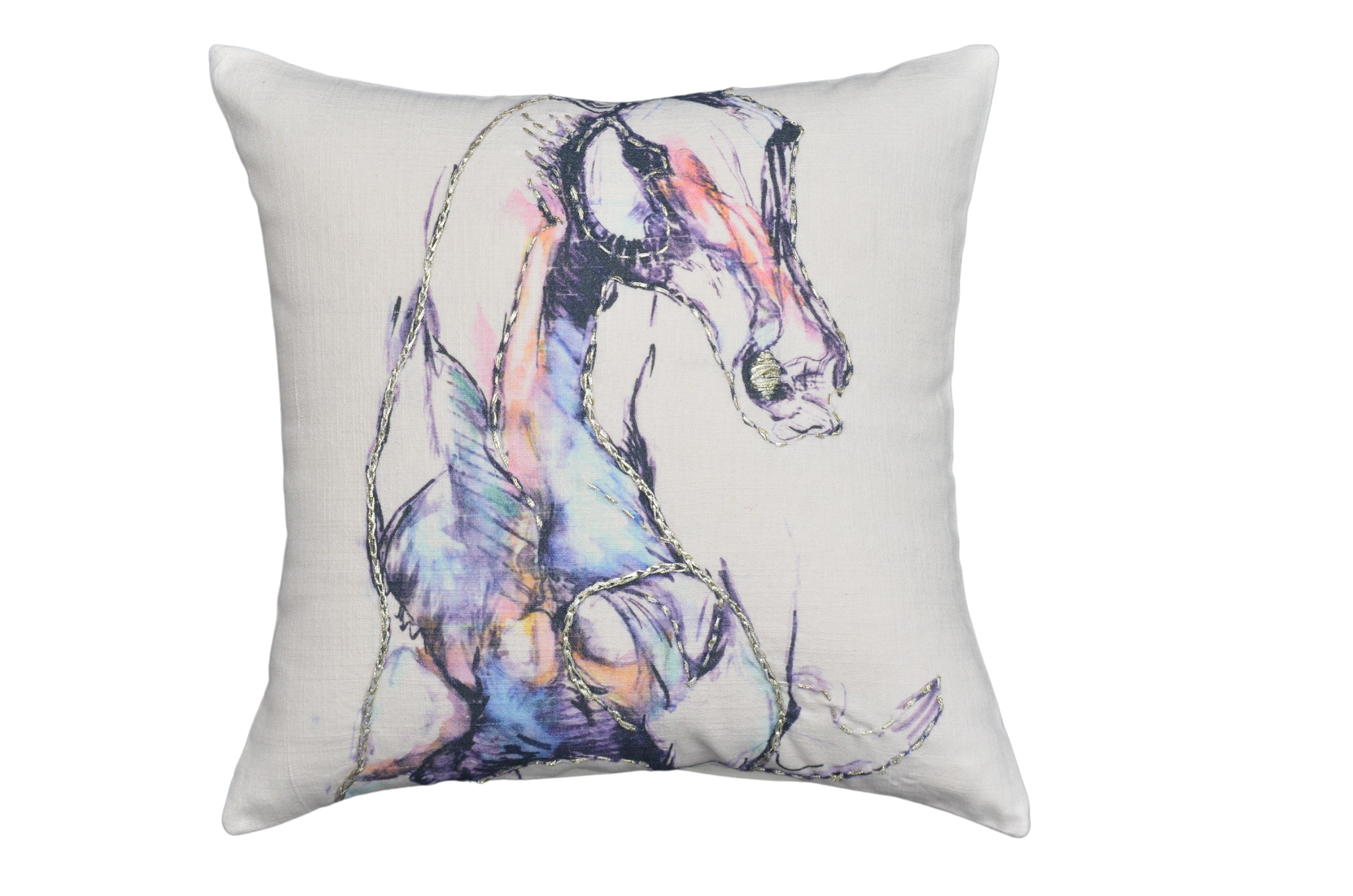 White Decorative Pillow 18"x18" Animal Print and Embroidery