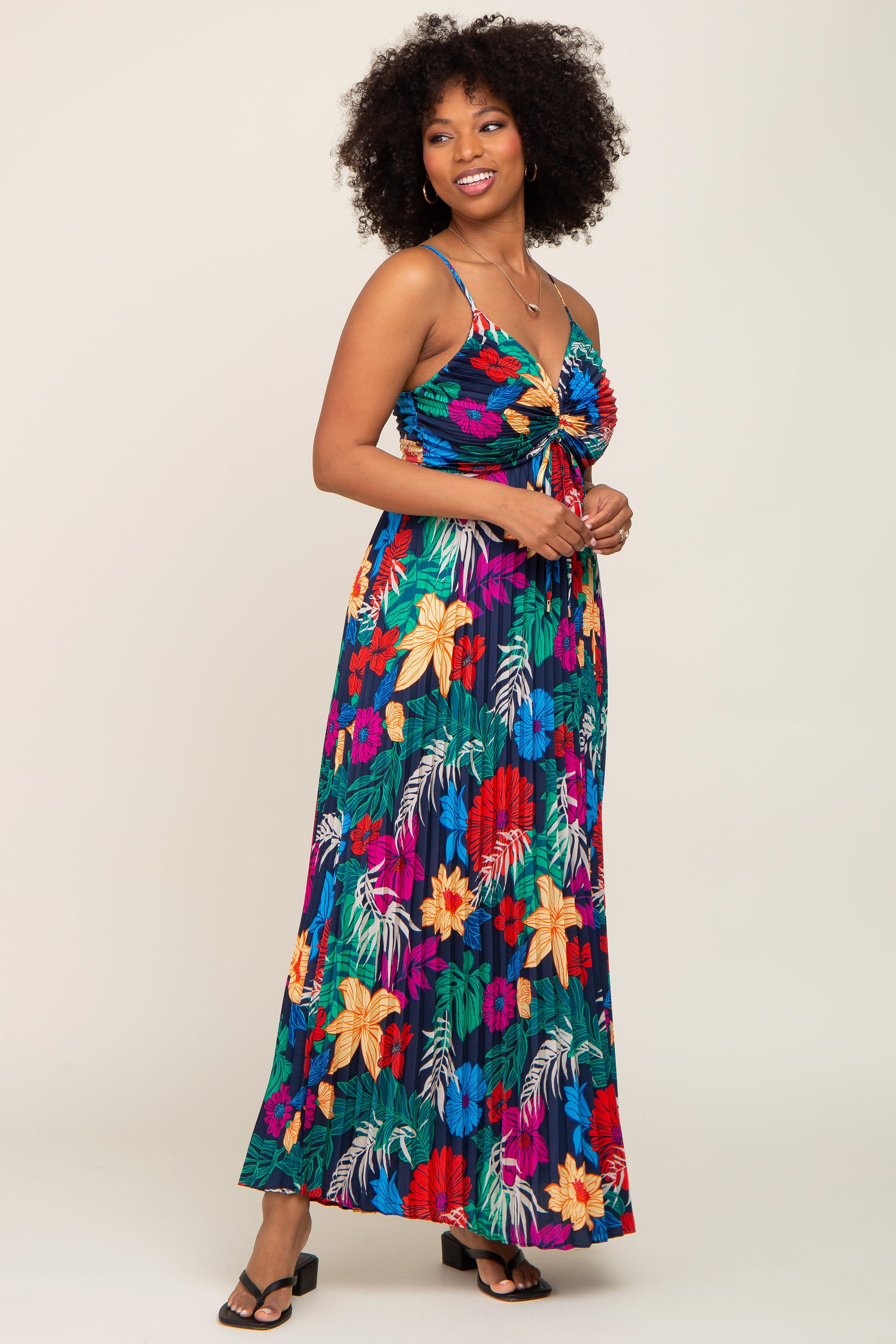 Black Tropical Floral Satin Pleated Maternity Maxi Dress
