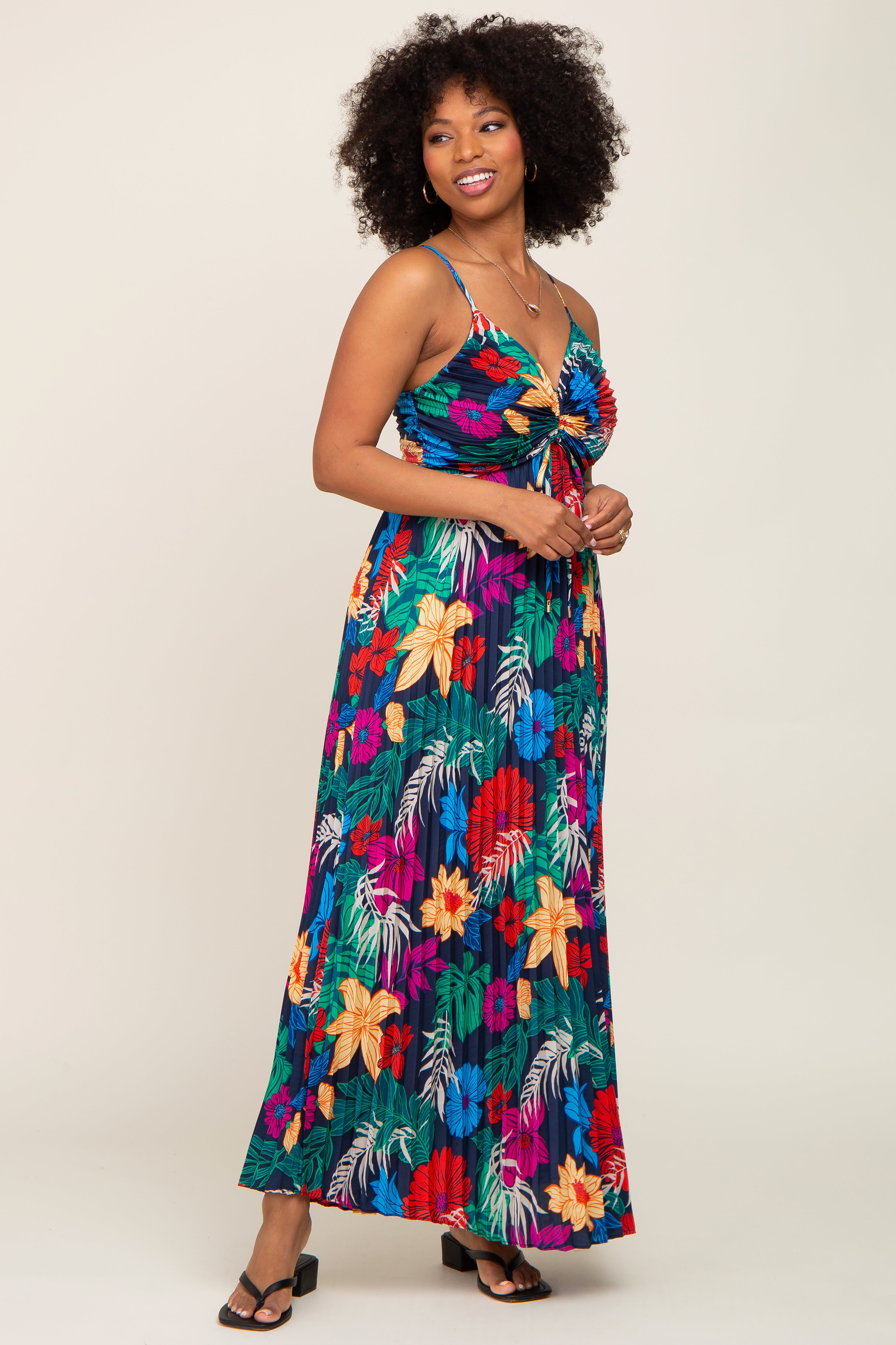 Black Tropical Floral Satin Pleated Maternity Maxi Dress