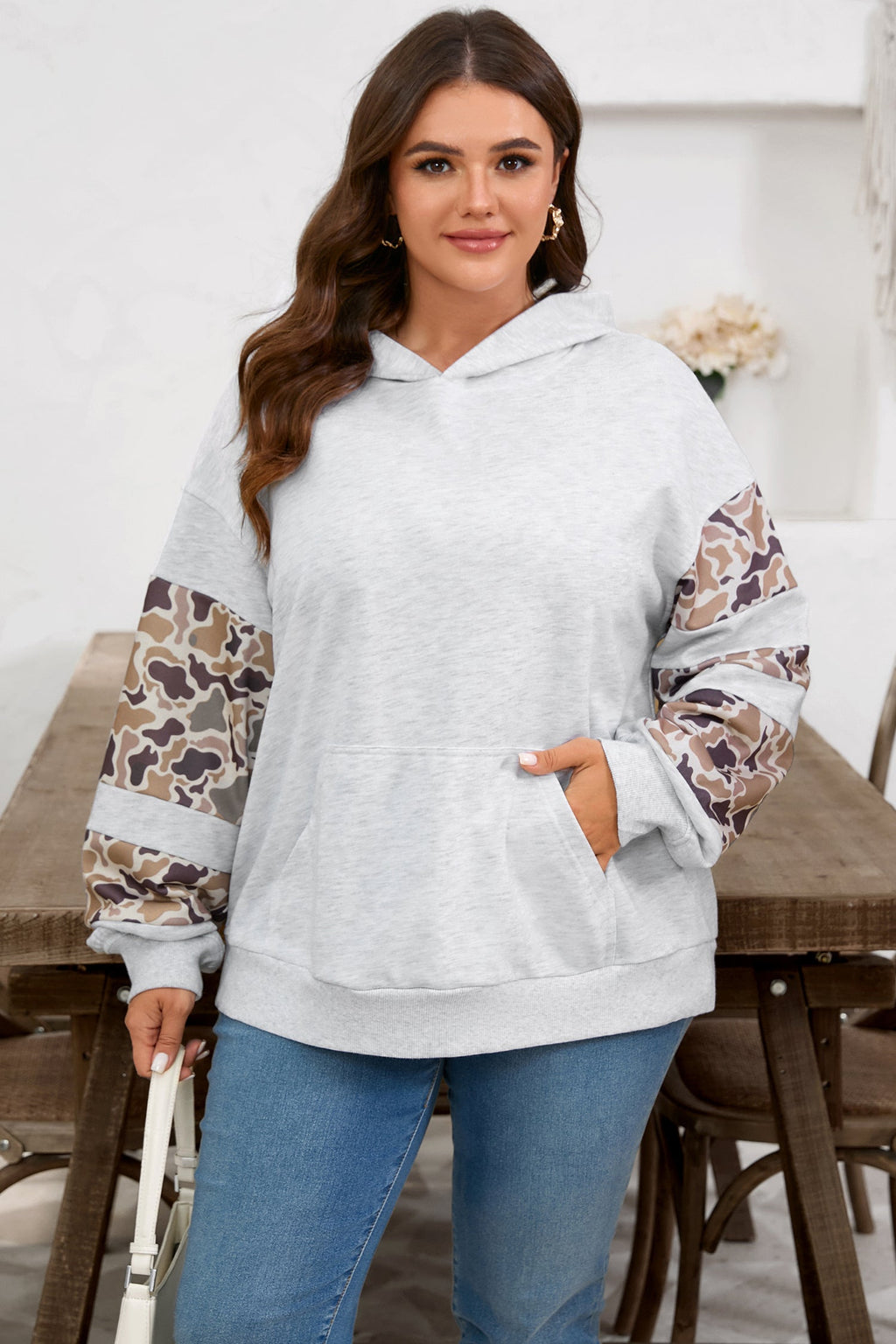 Light Grey Camouflage Patchwork Asymmetric Hoodie