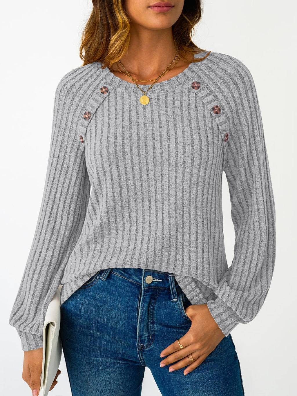 Women's Long Sleeve Tops - Fall Lightweight Sweaters with Shoulder Buttons