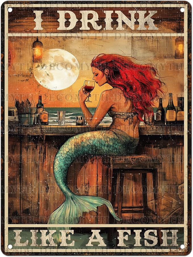 Vintage Mermaid Tin Sign I Drink Like A Fish Retro Wall Decor Decorations for Home Funny Wine Lover Nostalgic Metal Poster Indoor Store Cafe Toilet Kitchen Garden Bar Pubs Man cave 12 * 16inch