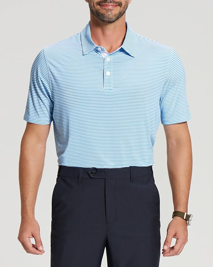 Men's Striped Golf Polo Shirt - Moisture Wicking Performance Sport