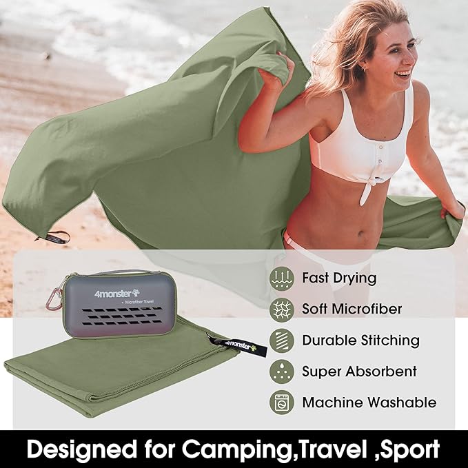 4Monster Camping Towels Super Absorbent, Fast Drying Microfiber Travel Towel, Ultra Soft Compact Gym Towel for Beach Hiking Yoga Travel Sports Backpack
