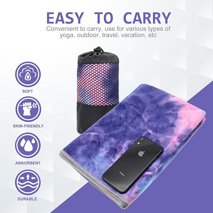 Eunzel 2 Pack Yoga Towel,Hot Yoga Mat Towel with Grip Dots Sweat Absorbent Non-Slip for Hot Yoga, Pilates and Workout 24" x72，Purple & Blue/Green & Purple (2 Pack)