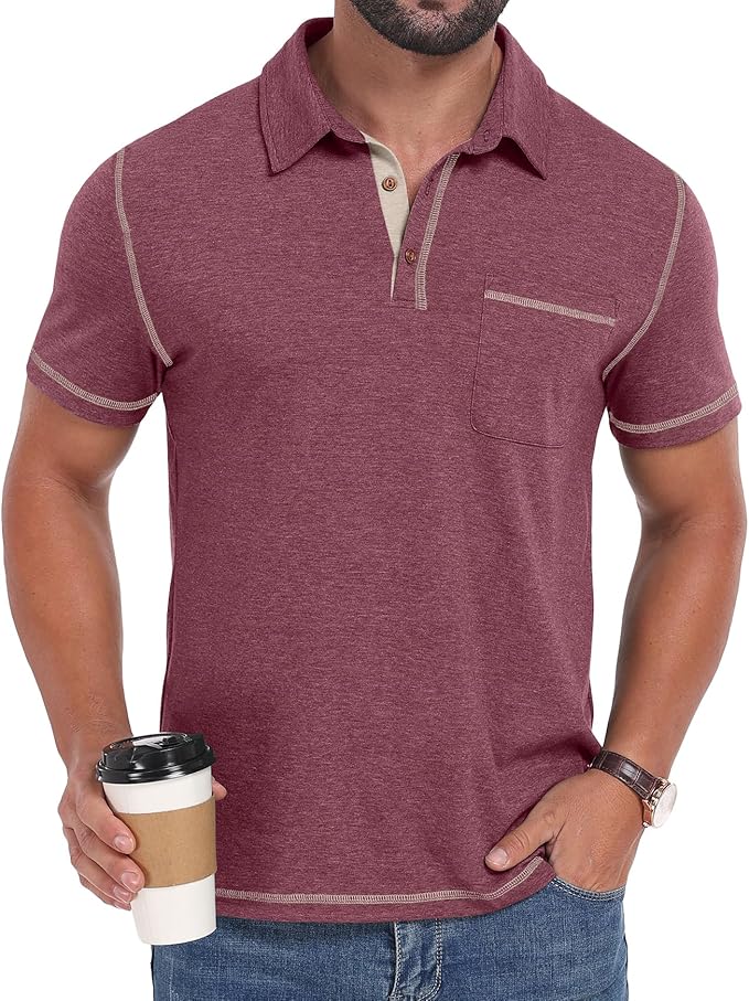 Men's Short Sleeve Polo Shirt with Pocket Casual Golf Collar