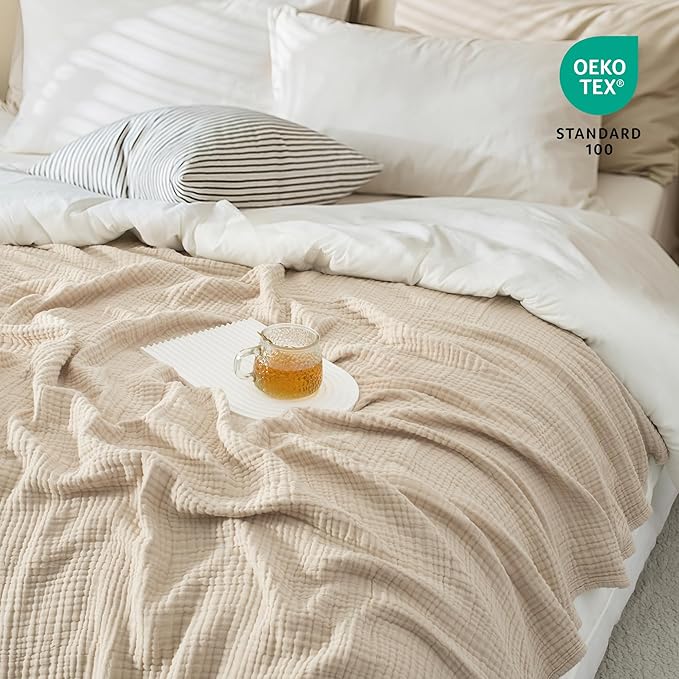 Carriediosa 100% Cotton Muslin Throw Blanket 70" X 80" Twin Size，4-Layers Summer Gauze Throws for Bed Couch，Soft Lightweight Breathable Linen Blankets Bedspread for Adults All Season，Khaki