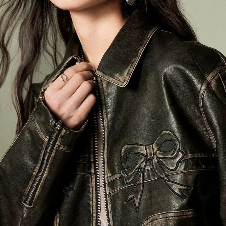 Women's Harajuku Style Bow PU Leather Motorcycle Jacket - Image 2
