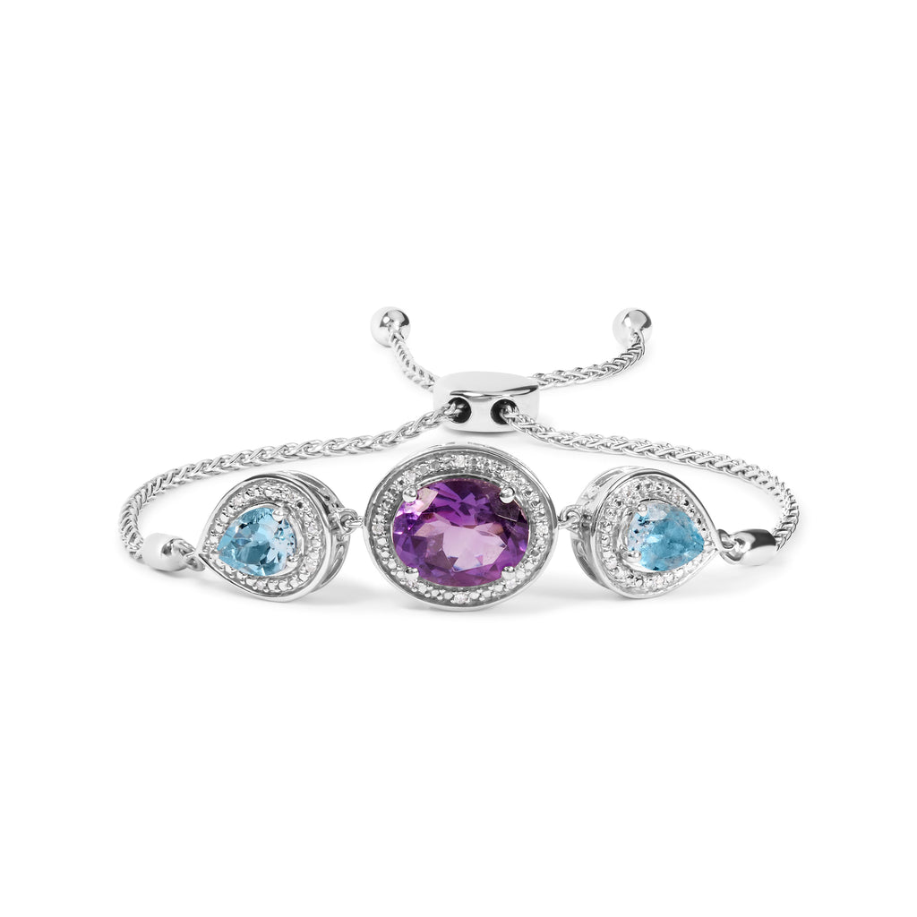 .925 Sterling Silver Oval Amethyst and Pear Blue Topaz with Diamond Accent Lariat 4â€-10â€ Adjustable Bolo Bracelet (H-I Color, SI1-SI2 Clarity)