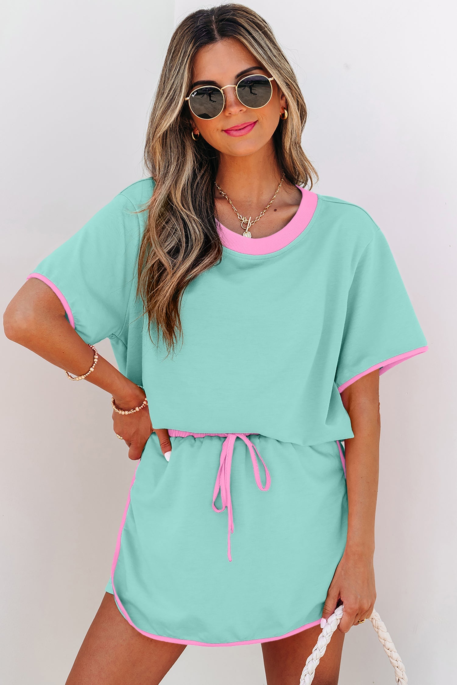 Hunter Drop Shoulder T-Shirt & Skort Set in Mint Green or Pink