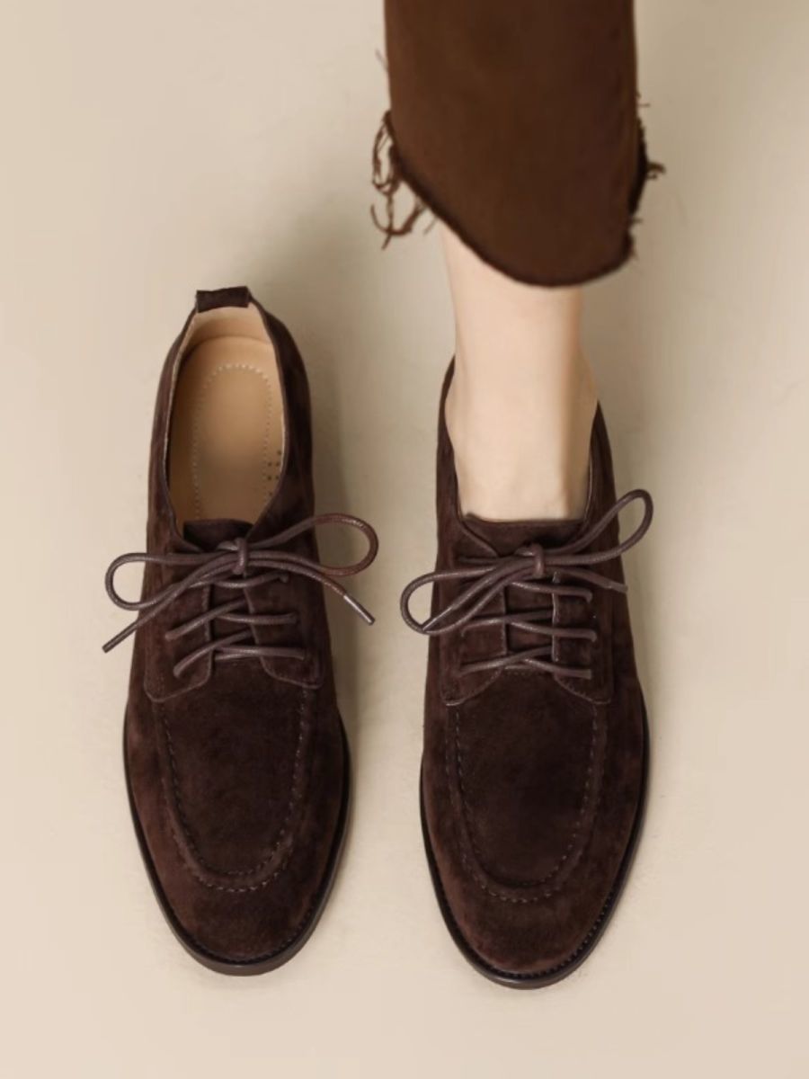 Women’s Brown Retro Deep-Mouth Suede Lace-Up Loafers