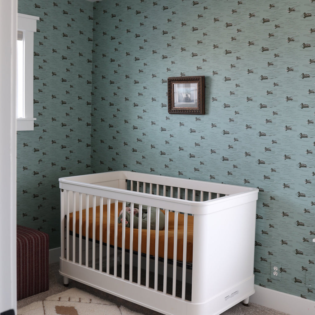 Mallard pattern wallpaper by Cassandra Zaniboni, stylish peel and stick design