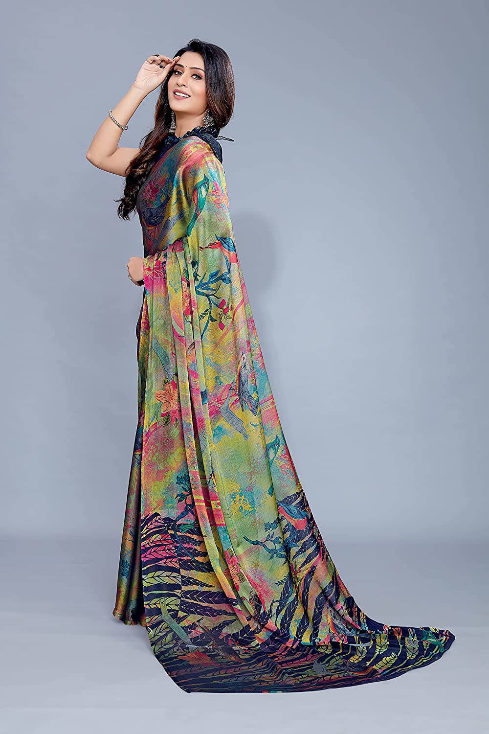 Women's Chiffon Forest Floral Designer Saree with Chevron Blouse