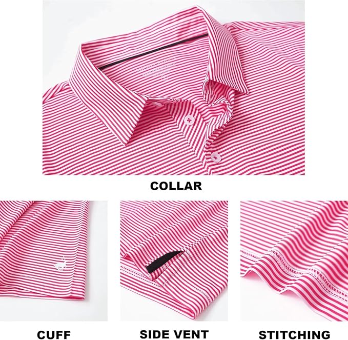 Mens Striped Performance Golf Polo Shirt - Moisture Wicking Pink/White