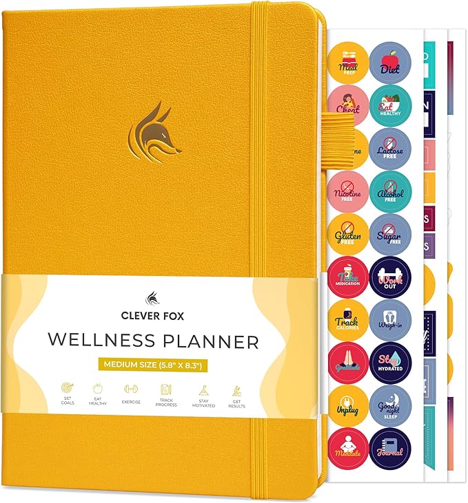Clever Fox Wellness Planner - Weekly & Daily Health and Wellness Log, Food Journal & Meal Planner Diary for Calorie Counting, Notebook for Medical Condition Tracking, A5-Sized - Amber Yellow