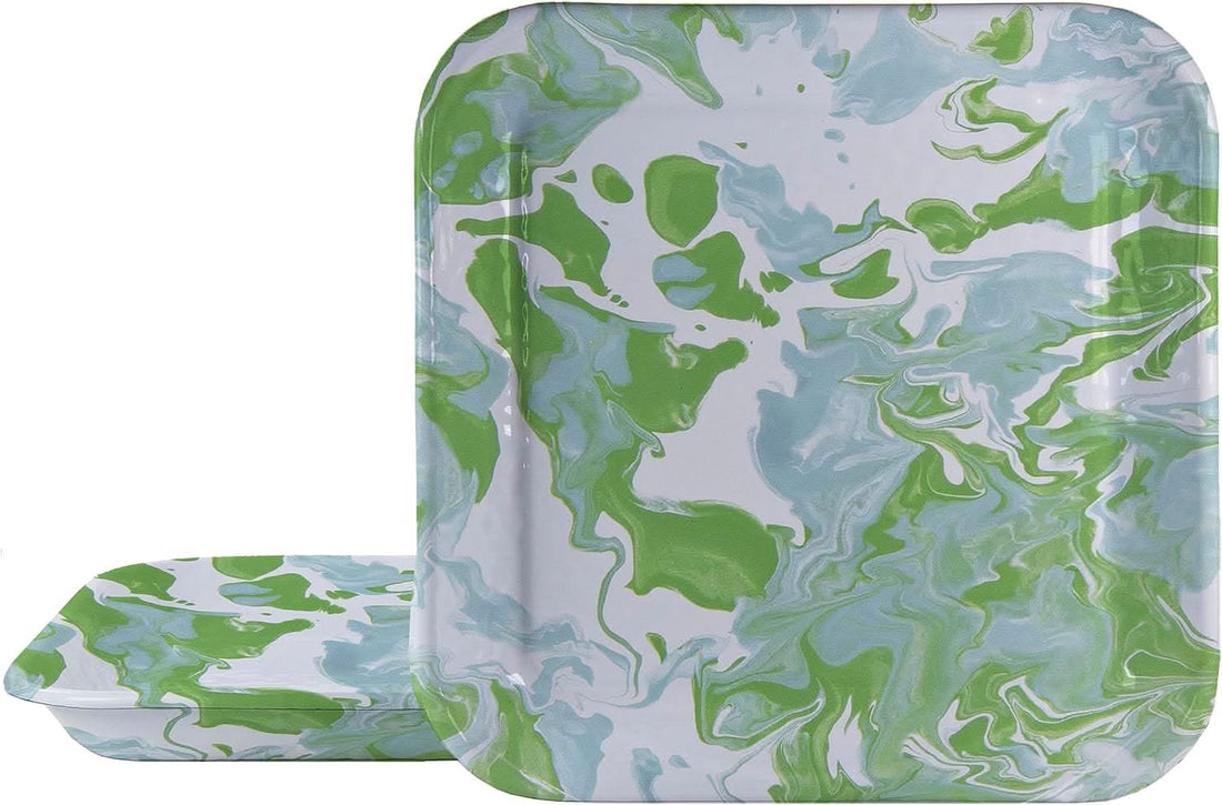 Set of two Golden Rabbit Modern Monet square enamelware trays featuring a painterly design.