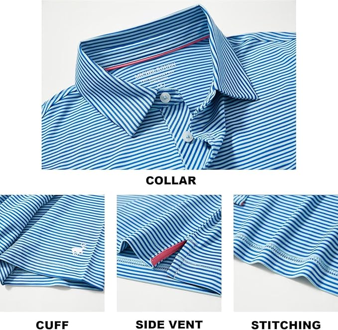 Mens Striped Performance Golf Polo Shirt - Moisture Wicking Dry Fit