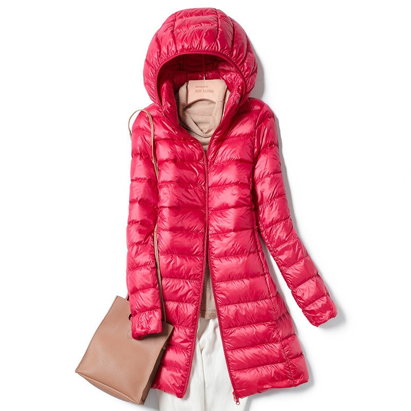 Women's Harajuku Oversized Mid-Length Hooded Down Jacket Pink Taupe - Image 6