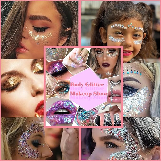 Body Glitter Face Glitter Gel: Singer Concerts Disco Festival Rave Accessories Face Glitter Makeup 150ml Chunky Sequins Mermaid Face Body Hair Glitter Gel (White&Silver&Pink&Gold&Blue)