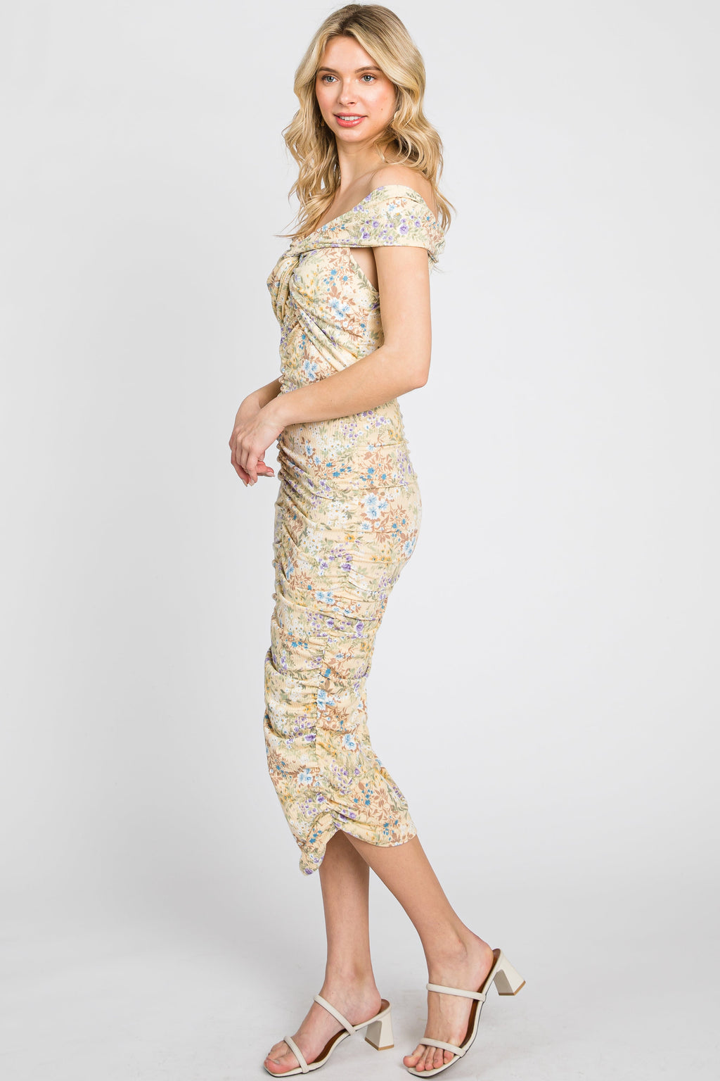 Yellow Floral Ribbed Off Shoulder Ruched Midi Dress - Image 4
