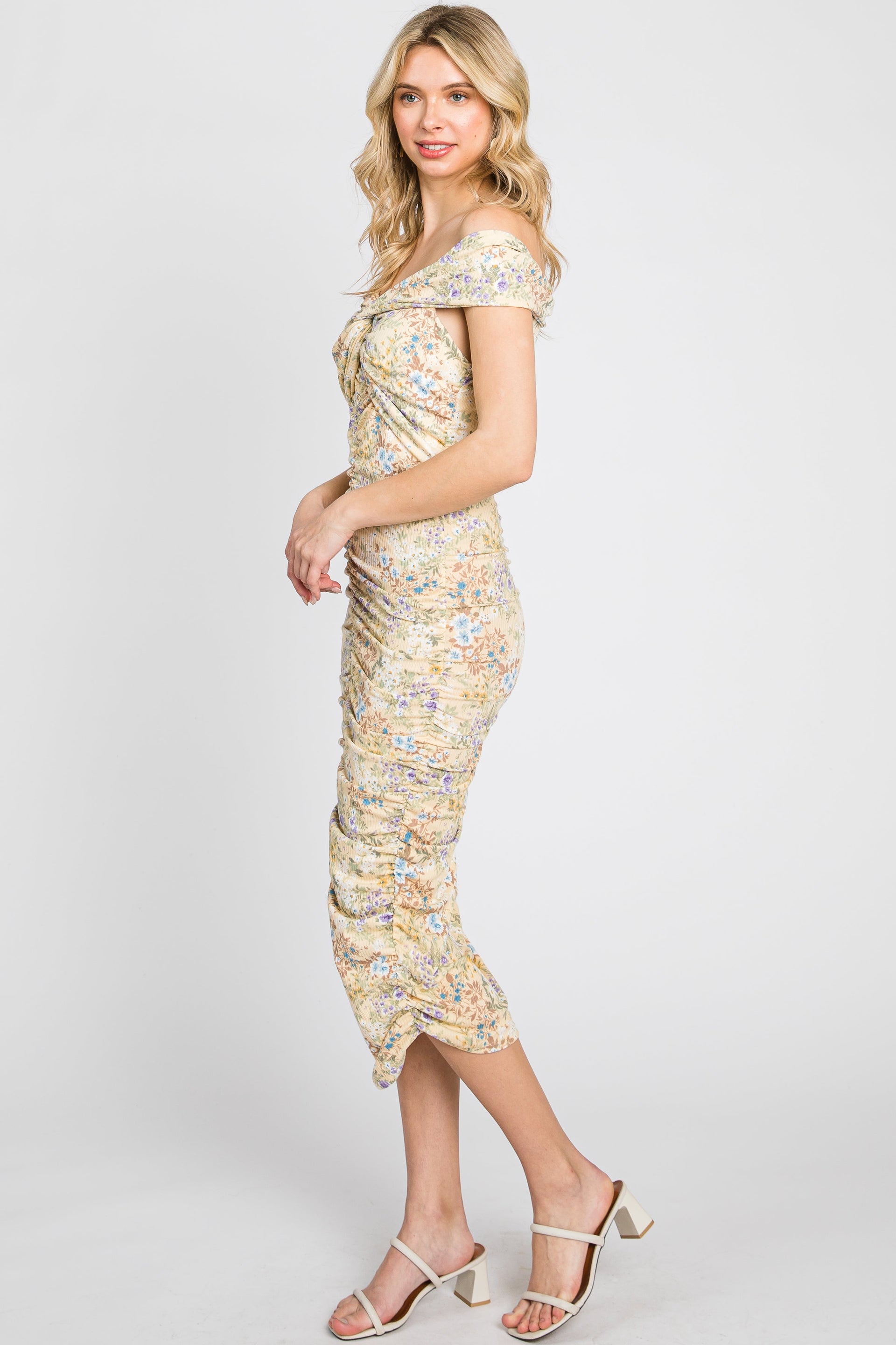 Yellow Floral Ribbed Off Shoulder Ruched Midi Dress - Image 4