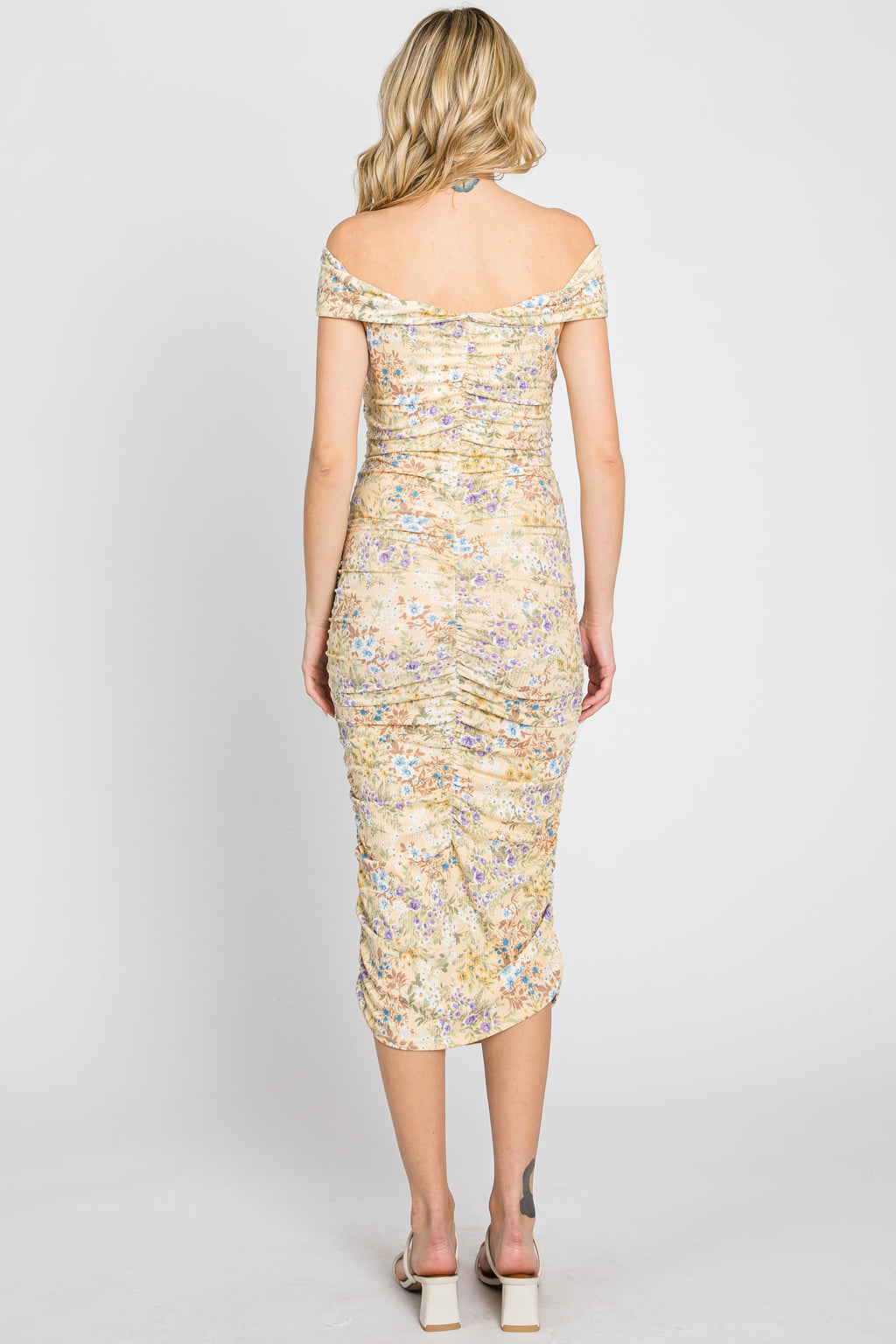Yellow Floral Ribbed Off Shoulder Ruched Midi Dress - Image 5