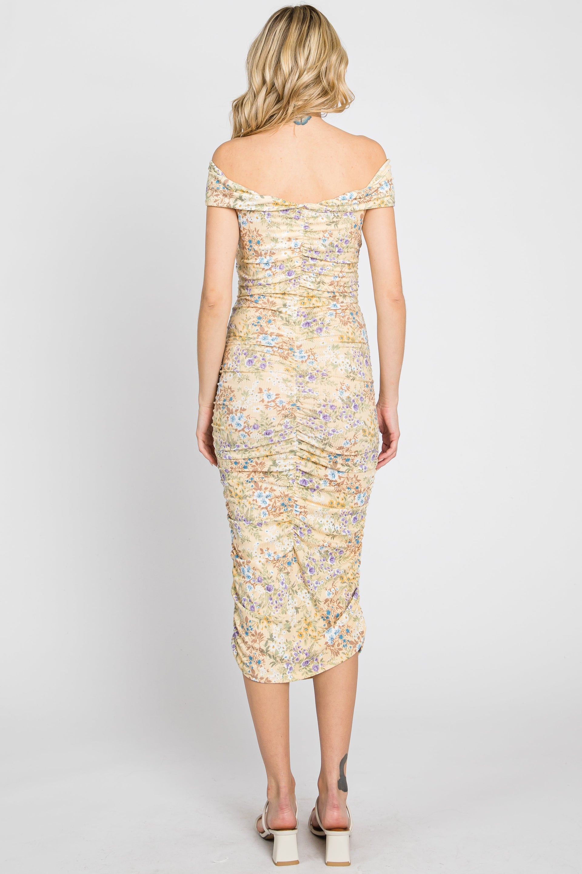 Yellow Floral Ribbed Off Shoulder Ruched Midi Dress - Image 5