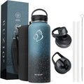 BUZIO 40 oz Water Bottle Insulated with Straw & 3 lid and Carrying Pouch, Leak Proof Anti-Slip Stainless Steel Water Flask Jug, Cold for 48 Hrs Double Vacuum Thermo Canteen, BPA-Free, Starry Indigo