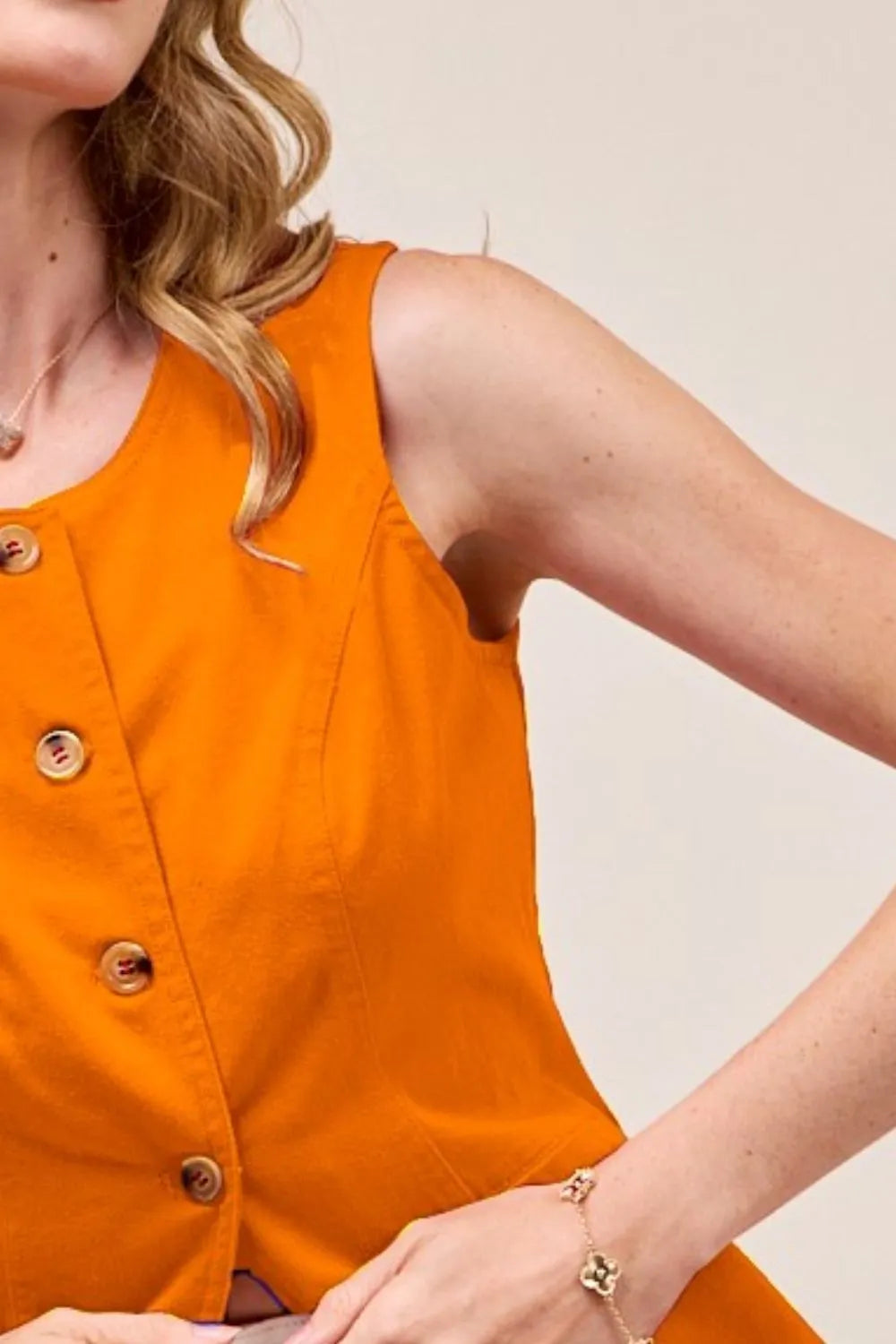 SO ME Slim Fit Button Front Denim Vest Top - Orange