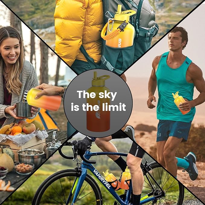 Insulated Water Bottle 64 oz, Triple Wall Vacuum Stainless Steel(Cold for 48 Hrs),Leak Proof & BPA-Free,Half Gallon Water Bottle with Reflective Paracord & Flip Straw for Sports & Travel, Sunset