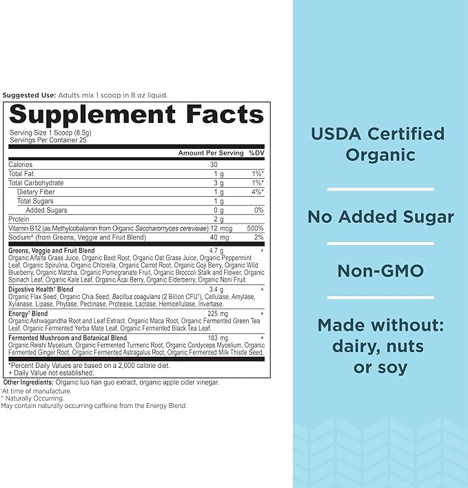 Organic SuperGreens Energizer Powder with Probiotics and B12 by Ancient Nutrition, Made from Real Fruits, Vegetables and Herbs, for Digestive, Detoxification and Energy Support, 25 Servings