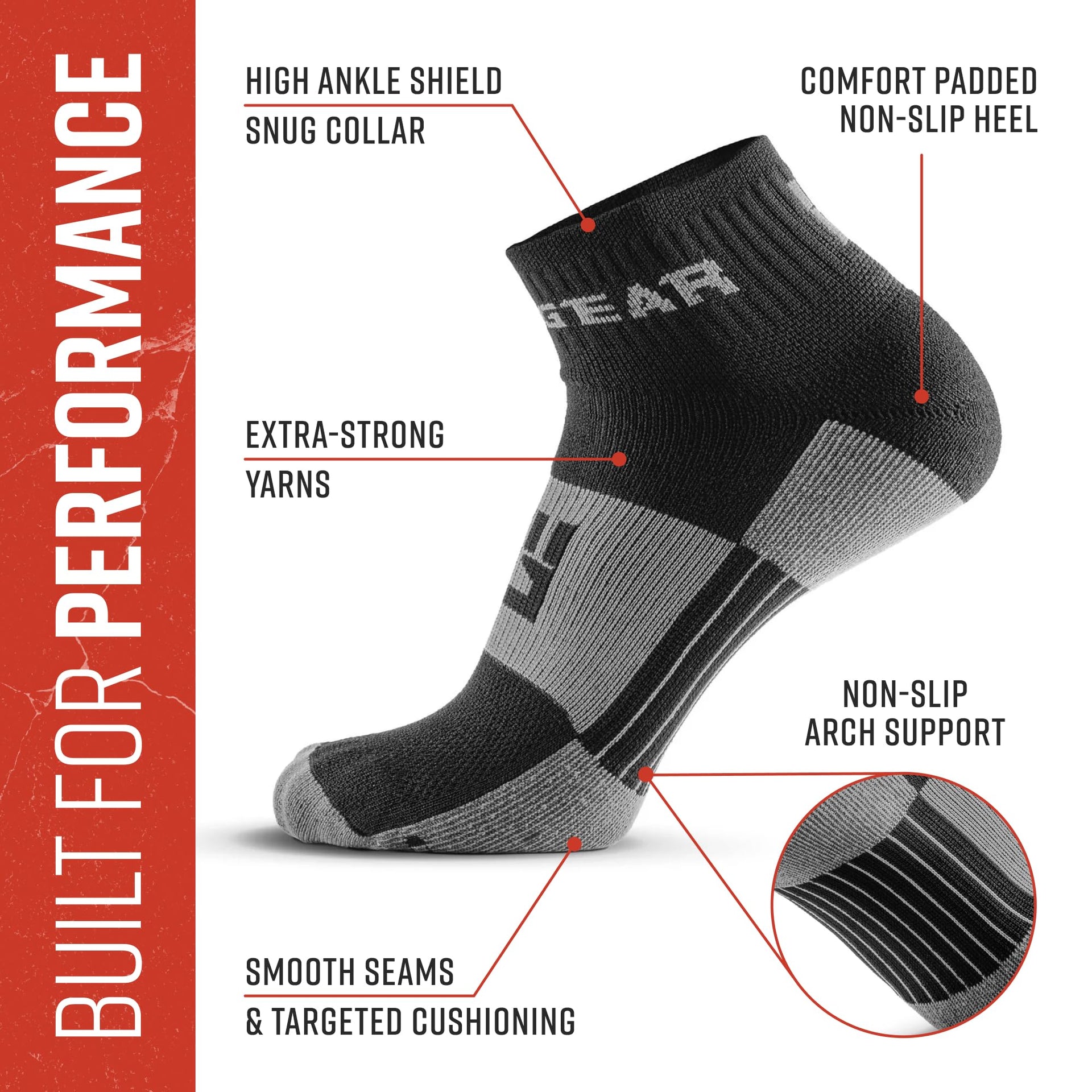 MudGear Quarter (¼) Crew Socks - Black/Gray (2 pair pack)