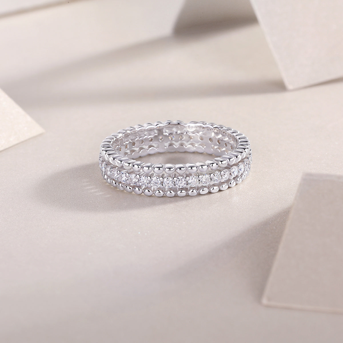 S925 Silver 2.4g Platinum Plated Moissanite Ring, 4.3mm Beaded & Pave Band, D VVS1 GRA US 5-9