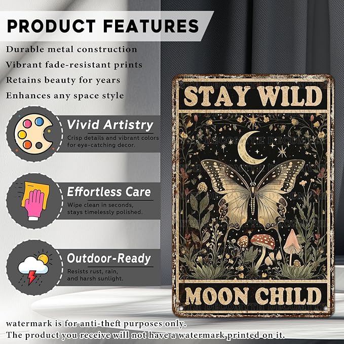 Vintage Tin Sign Butterfly Stay Wild Moon Tin Sign Retro Wall Decor for Home Office Room Wall Decor Poster 12 * 8inch