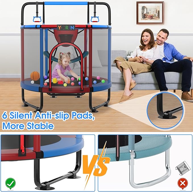 Kids Mini Trampoline with Basketball Hoop, Swing & Gymnastics Bar
