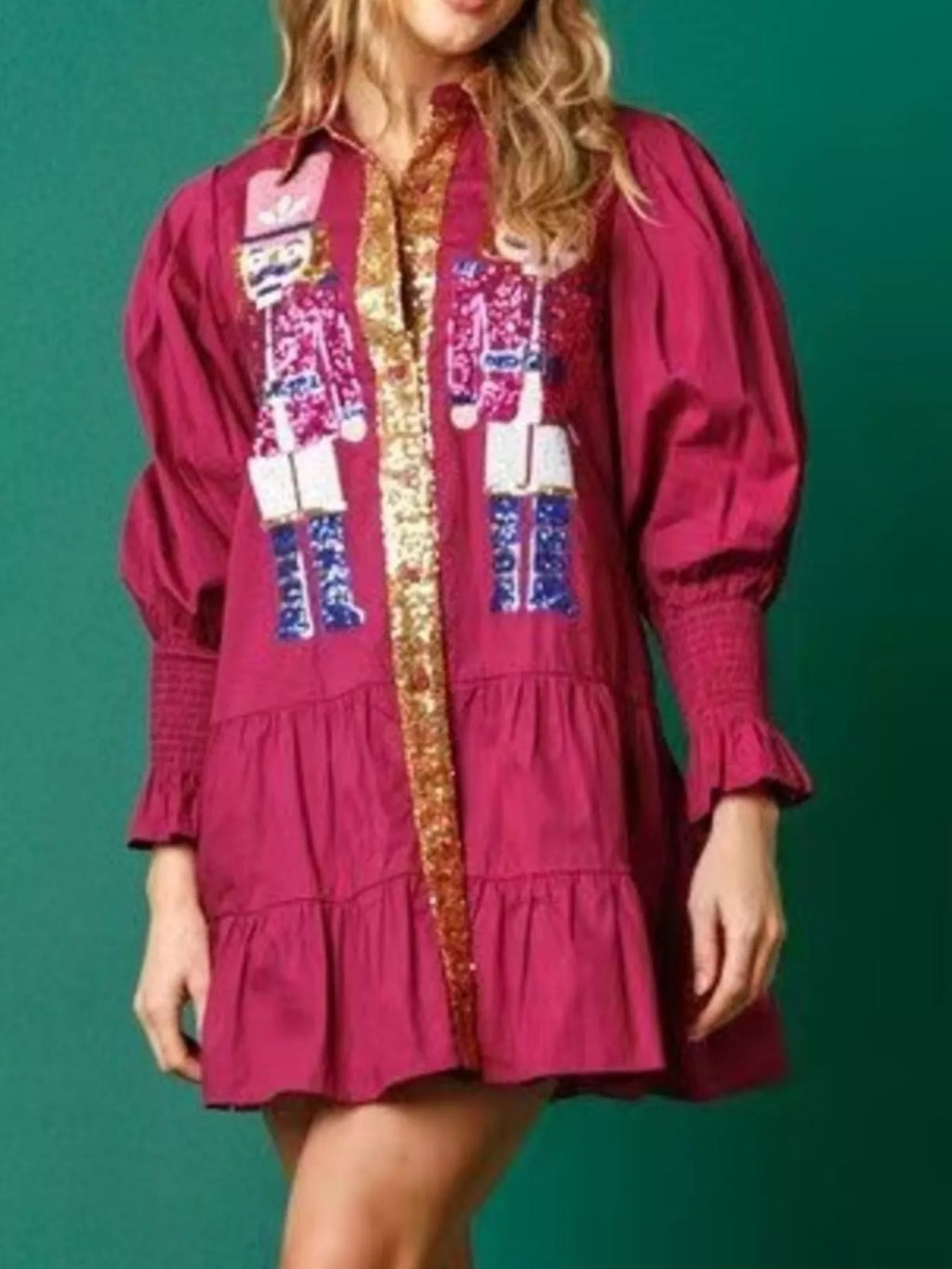 Full Size Christmas Sequin Nutcracker Tiered Shirt Dress Plus Size