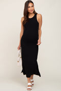 Black ribbed maternity midi dress with side slits, featuring a sleeveless design and comfortable stretch fabric.