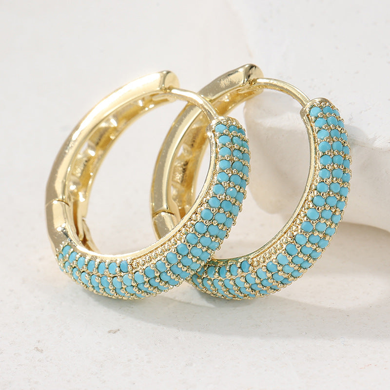Vintage Turquoise Beaded Hoop Earrings Gold Tone Brass Women Boho Daily Party Fashion Jewelry Elegant