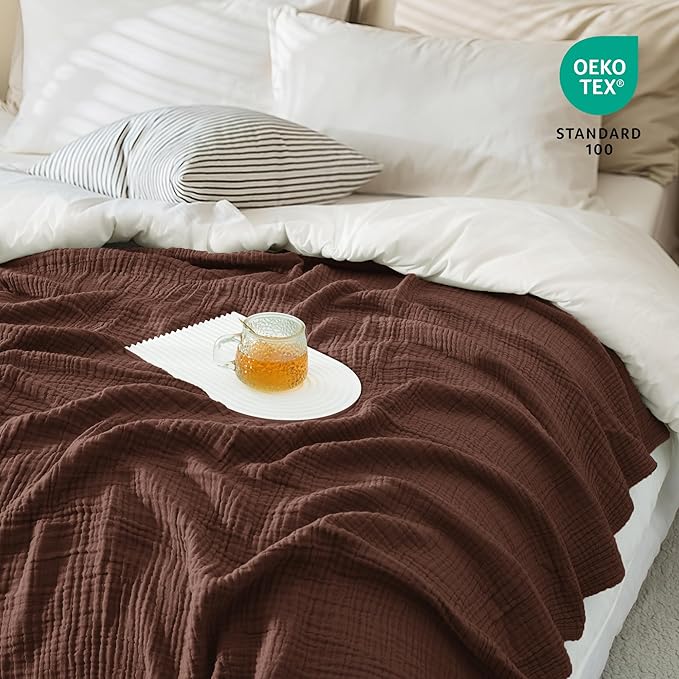 Carriediosa 100% Cotton Muslin Throw Blanket 70" X 80" Twin Size，4-Layers Summer Gauze Throws for Bed Couch，Soft Lightweight Breathable Linen Blankets Bedspread for Adults All Season，Dark Brown