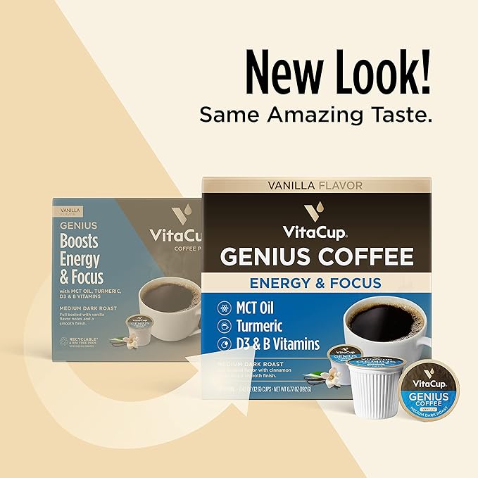 VitaCup Genius Vanilla Keto Coffee Pods w/MCT Oil, Turmeric, B Vitamins, & D3 for Energy & Focus in Recyclable Single Serve Pod Compatible with K-Cup Brewers Including Keurig 2.0, 64 CT