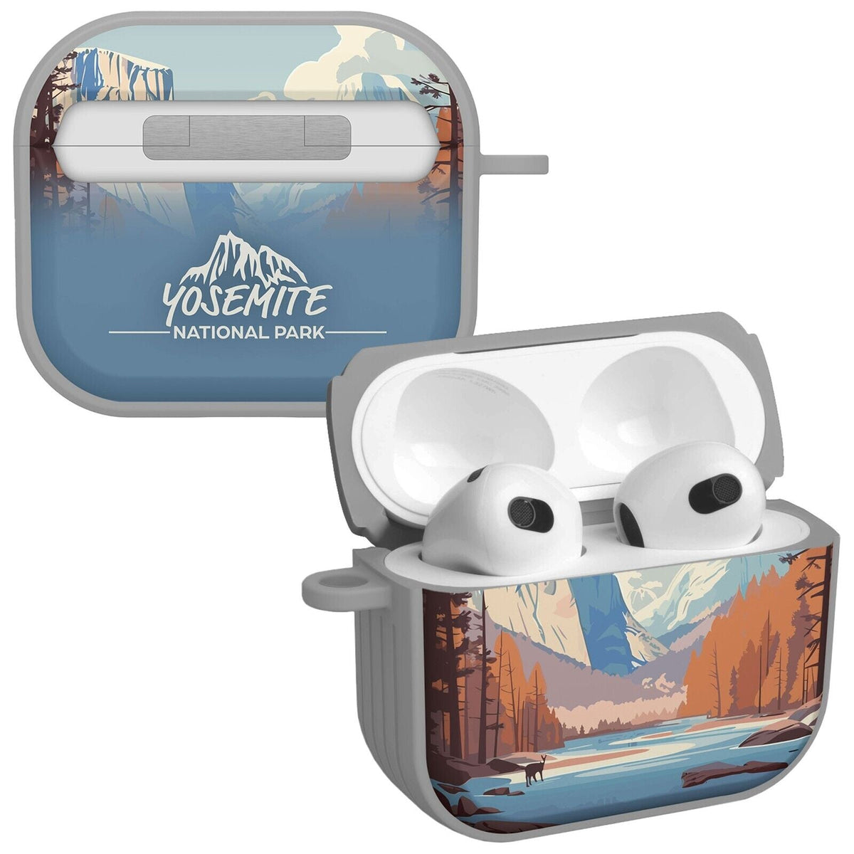 Yosemite National Park graphic protective case for Apple AirPods Gen 3 on a map background