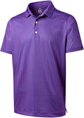 A man wearing a vibrant blue and red geometric print golf polo shirt with a collared neckline and short sleeves.