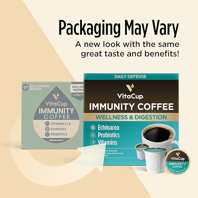 VitaCup Immunity Coffee Pods, Wellness Boost with Antioxidants, Echinacea, Probiotics, Vitamin C & D3, Medium Dark Roast, Recyclable Single Serve Pod Compatible with Keurig K-Cup Brewers,32 Ct