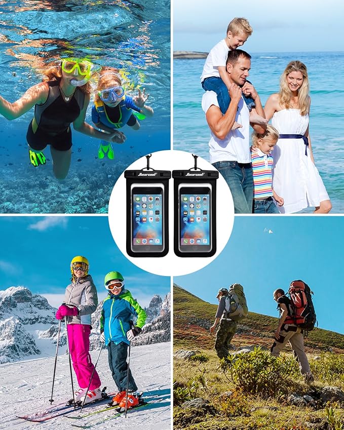 Hiearcool Waterproof Phone Pouch, Universal Case Compatible for iPhone 17 16 15 14 13 Pro Max Plus Up to 8.3", IPX8 Beach Travel Essentials-Black-2 Pack