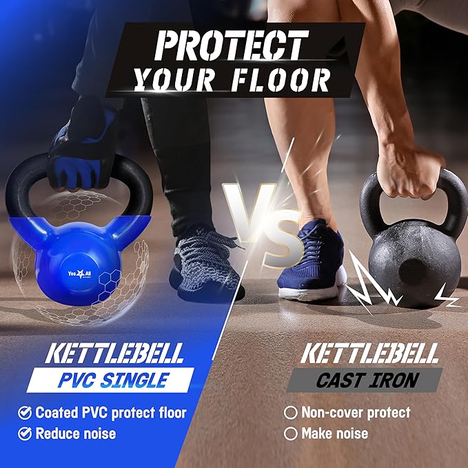 Yes4All 5-100 LB Kettlebells Vinyl Coated Cast Iron for Dumbbell Weights Exercises, Gym, Fitness, Full Body Workout Equipment Push up, Grip and Strength Training