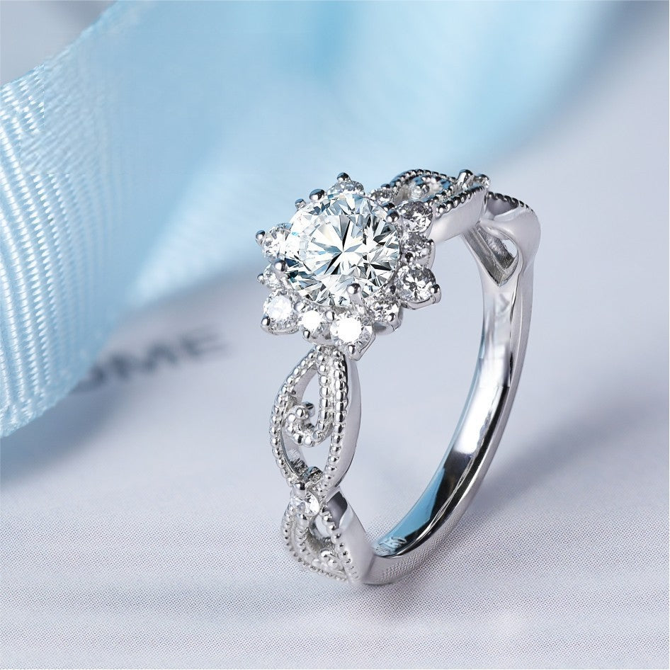 Elegant U-shaped women's copper ring with round zircon inlay and ice flower detailing