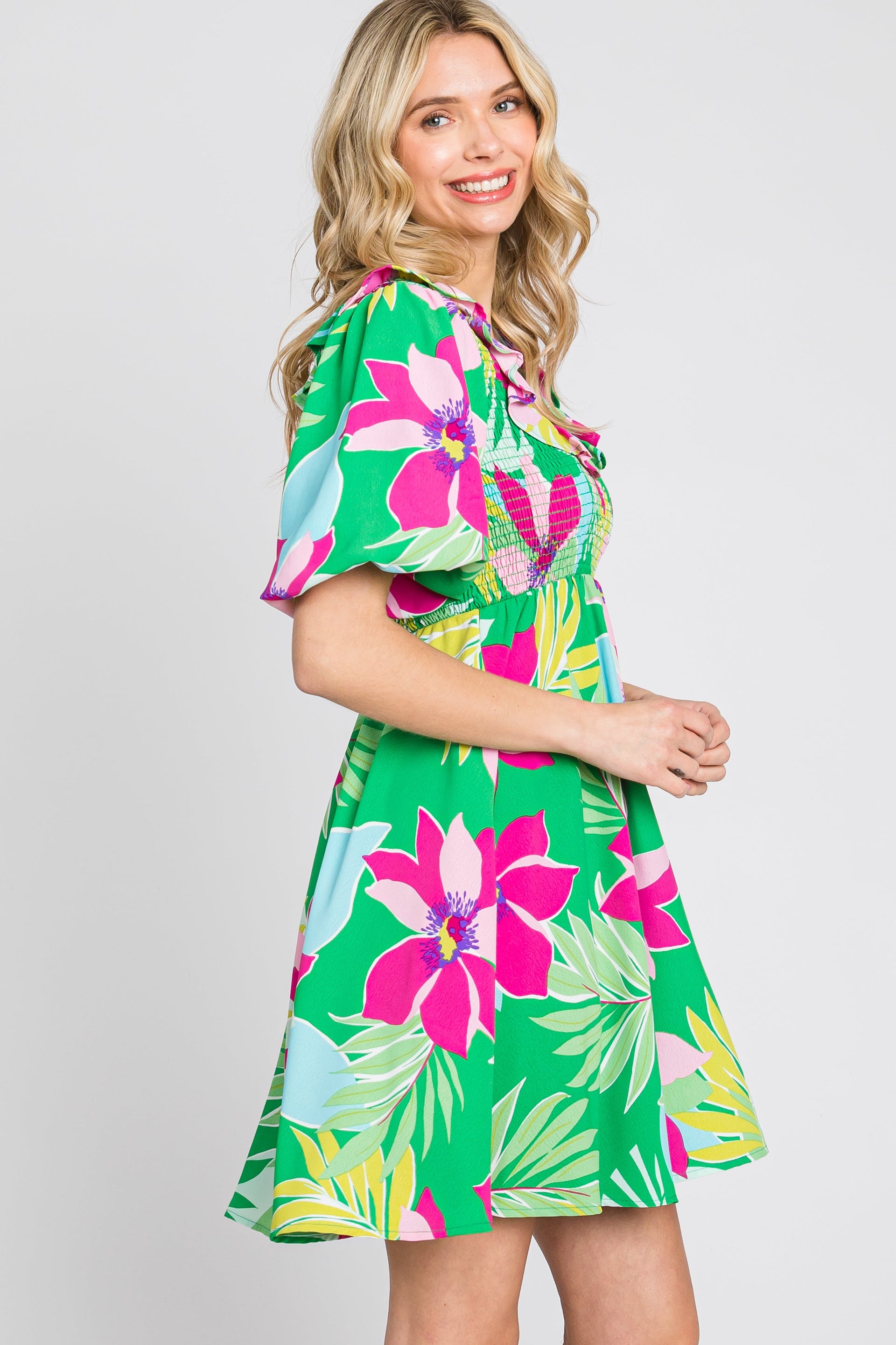 Green Floral Smocked Puff Sleeve Dress