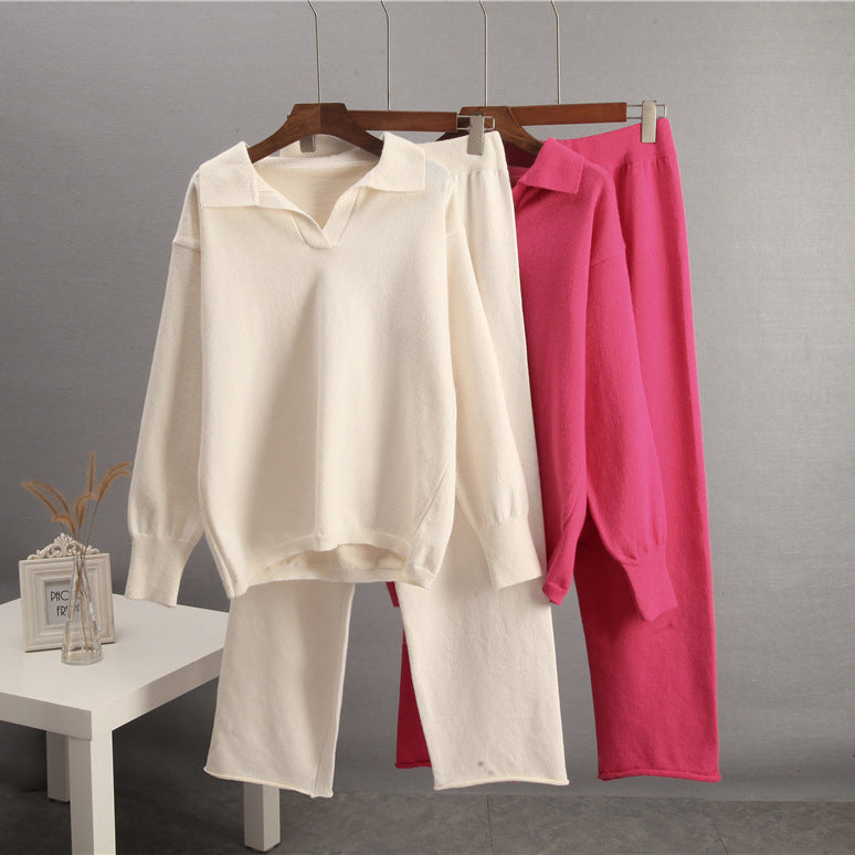 Women's Solid Color Lapel Sweater Two-Piece Co-ord Set - Image 5