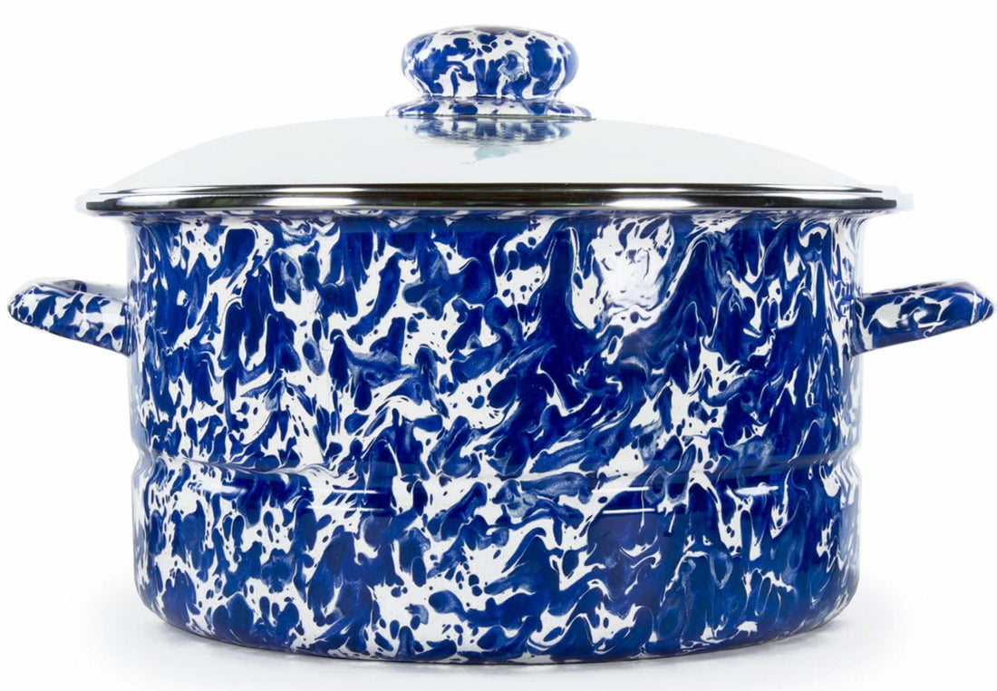 6qt Enamelware Stock Pot with Glass Lid, Black Swirl Spatterware